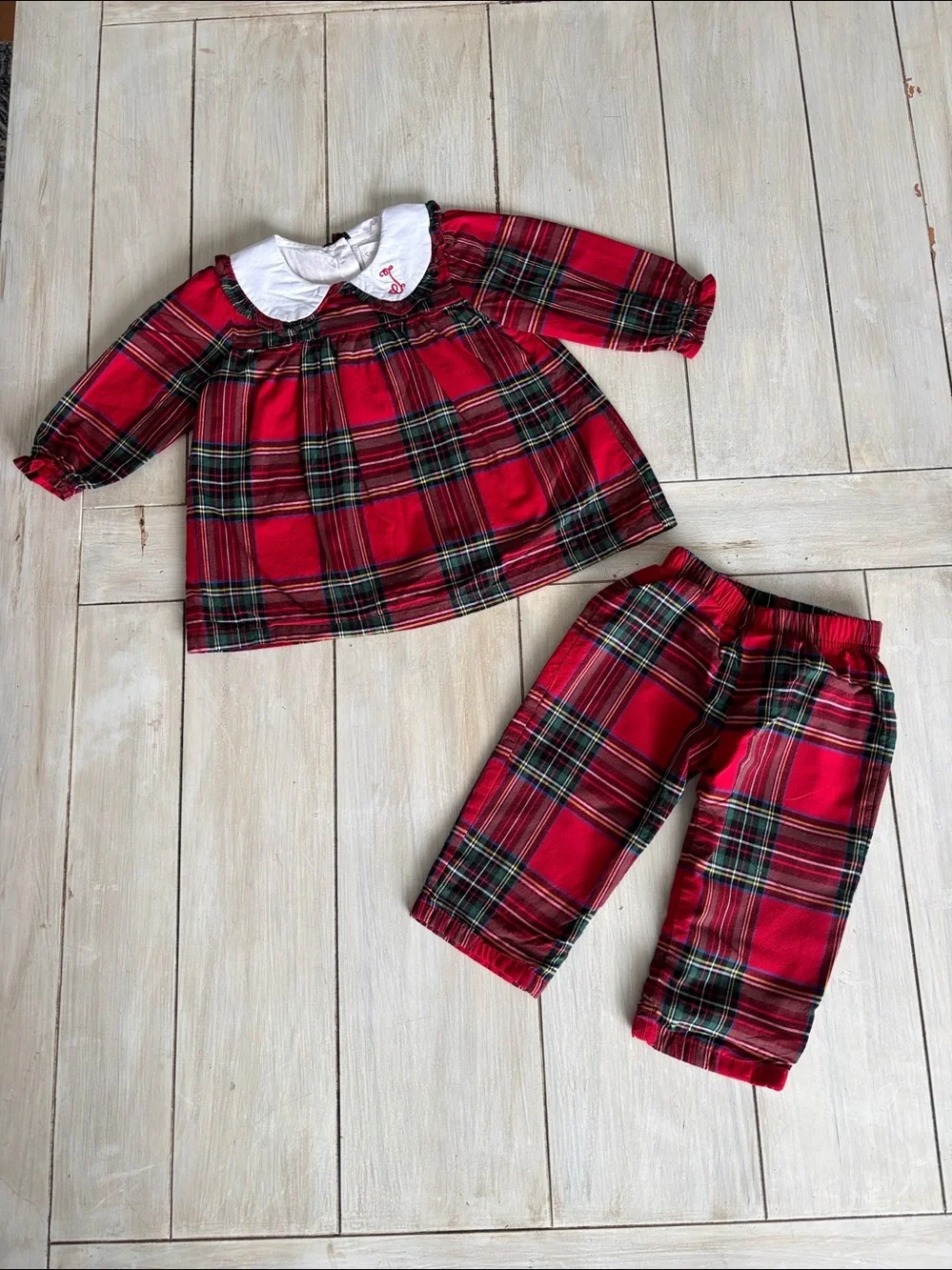 Cecil & Lou Red Holiday Plaid Collared Top & Pants Monogram